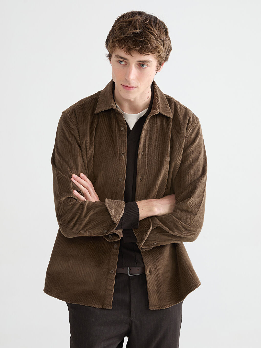 Bej Regular Fit Kadife Erkek Gömlek