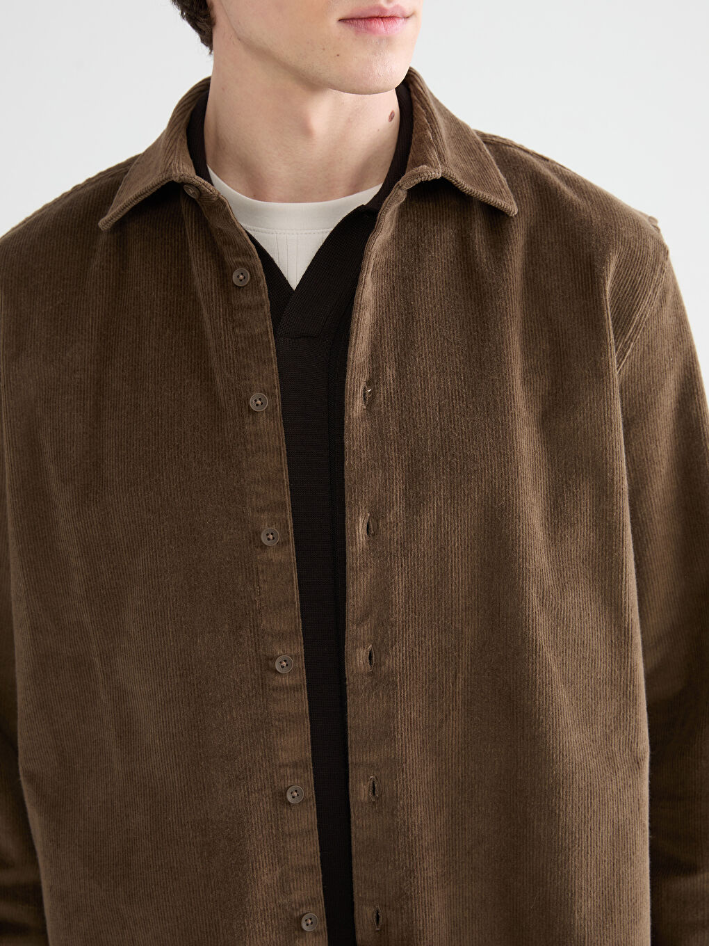 Bej Regular Fit Kadife Erkek Gömlek-2