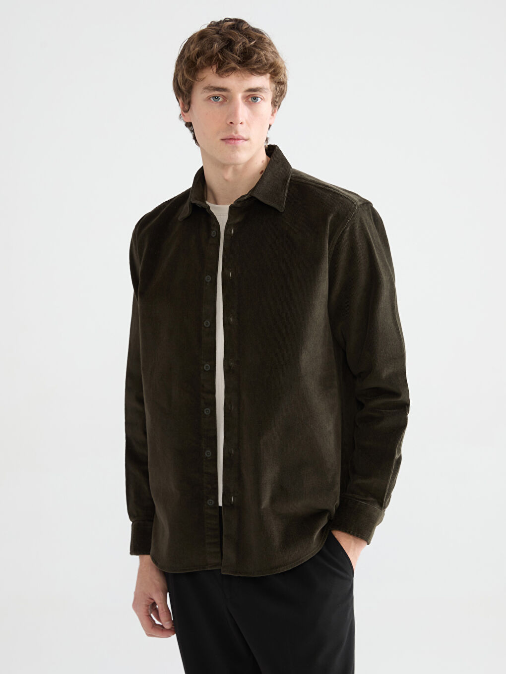 Haki Regular Fit Kadife Erkek Gömlek