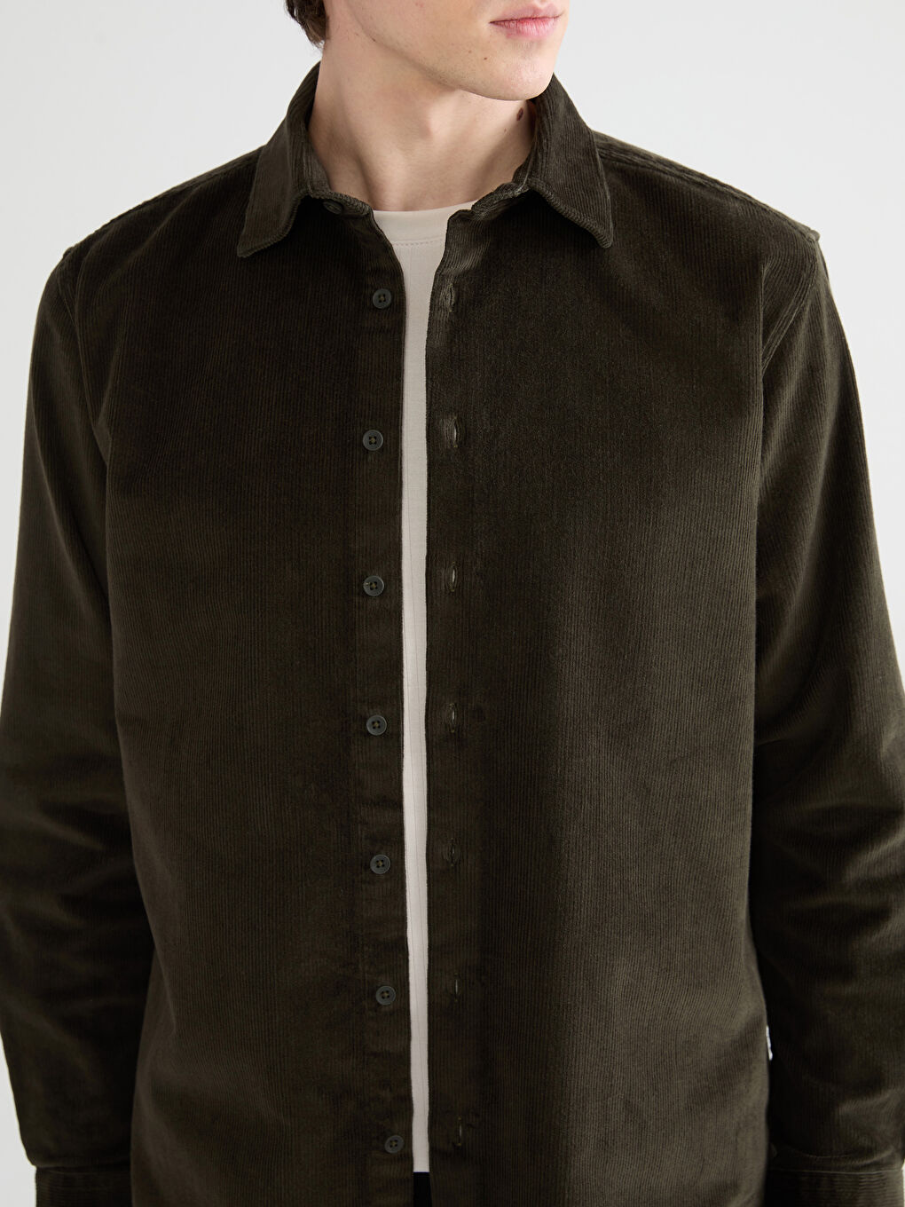Haki Regular Fit Kadife Erkek Gömlek-2