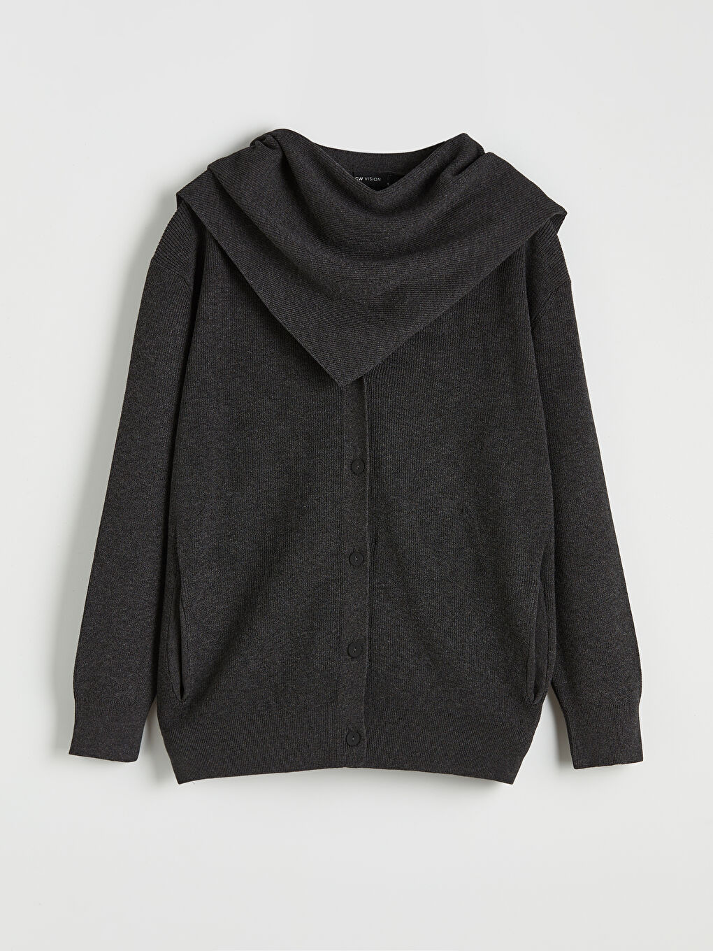 Antrasit V Yaka Şal Detaylı Oversize Kadın Triko Hırka-4