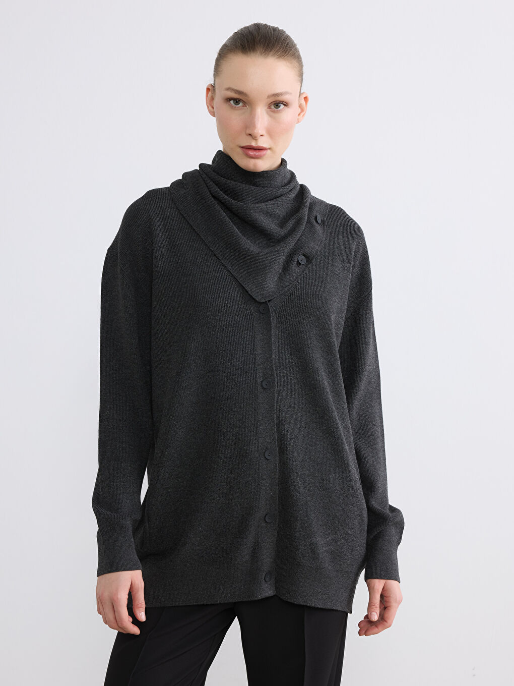 V Neck Shawl Detailed Oversize Women's Knitwear Cardigan-1