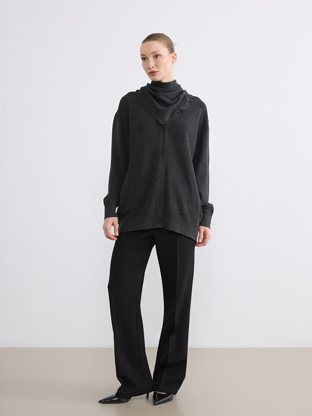 V Neck Shawl Detailed Oversize Women's Knitwear Cardigan-2