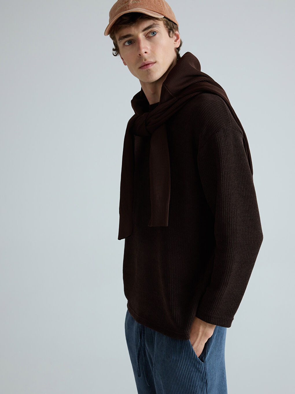 Kahverengi Bisiklet Yaka Erkek Triko Kazak-1