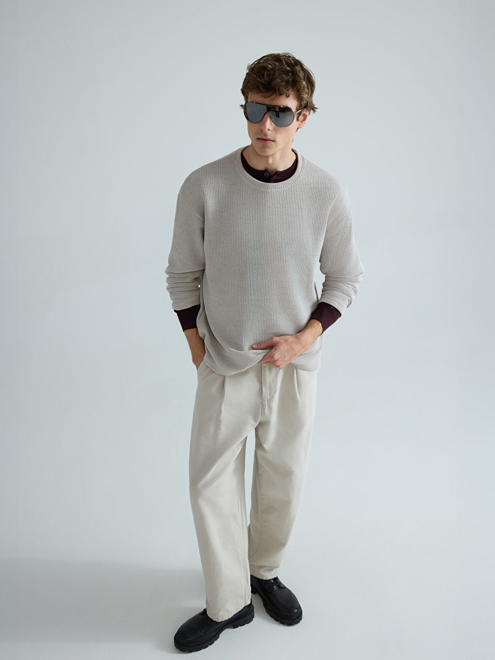 Bej Bisiklet Yaka Erkek Triko Kazak-1