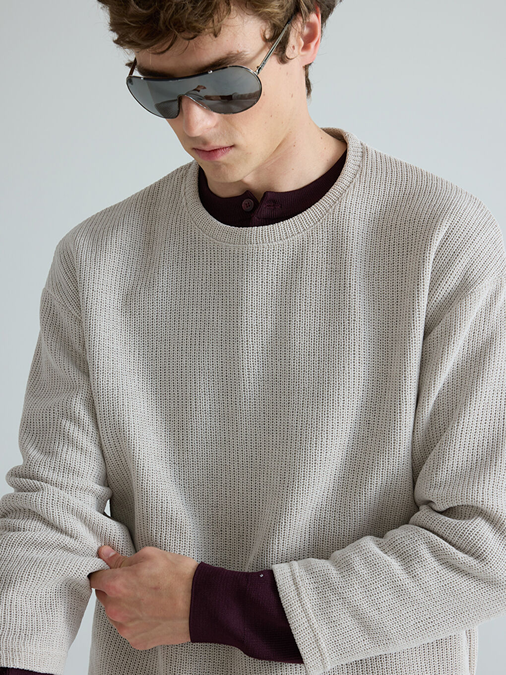 Bej Bisiklet Yaka Erkek Triko Kazak-2