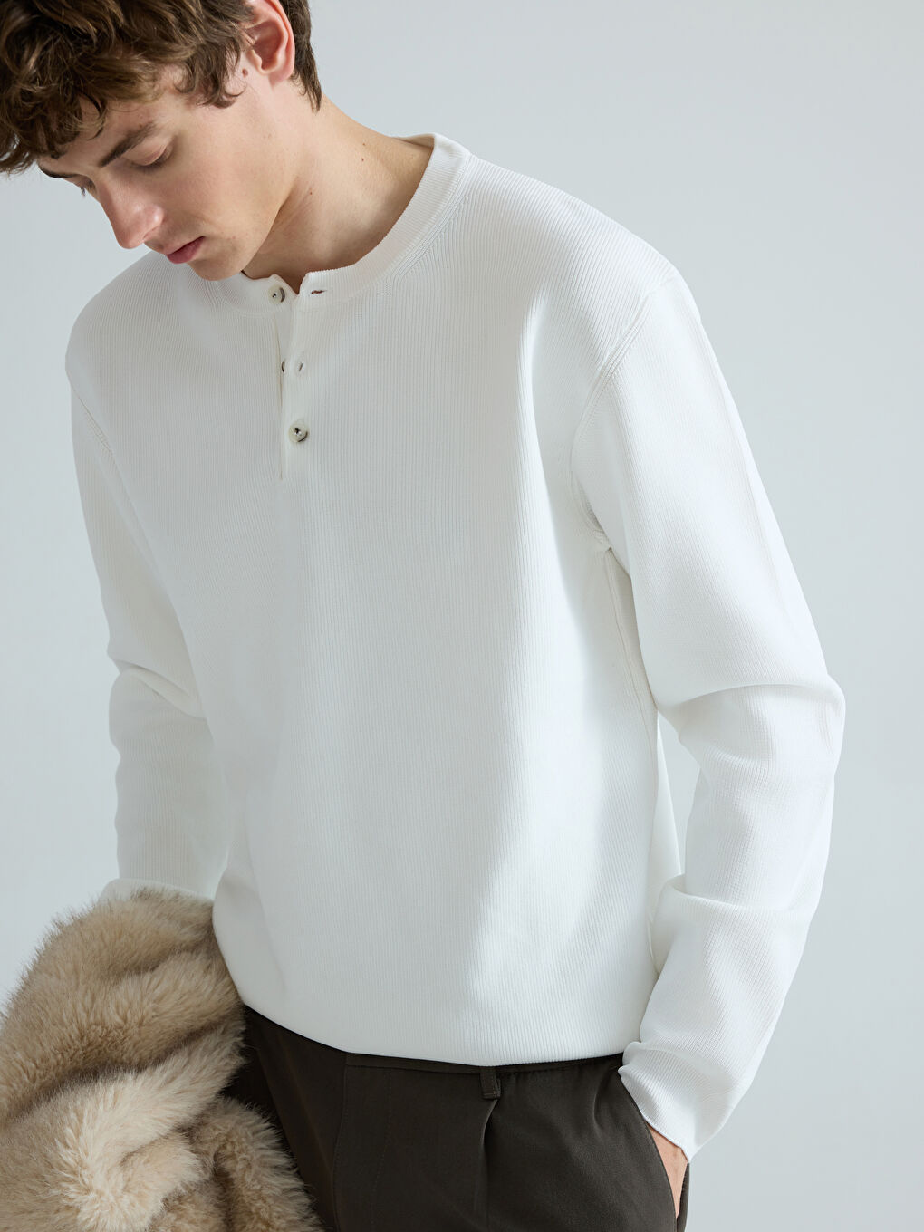 Beyaz Bisiklet Yaka Erkek Triko Kazak-2