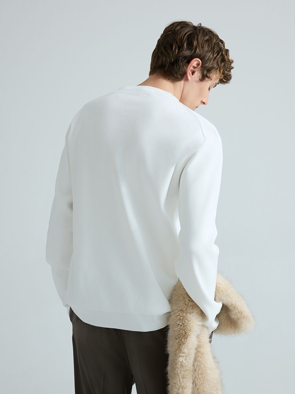 Beyaz Bisiklet Yaka Erkek Triko Kazak-3