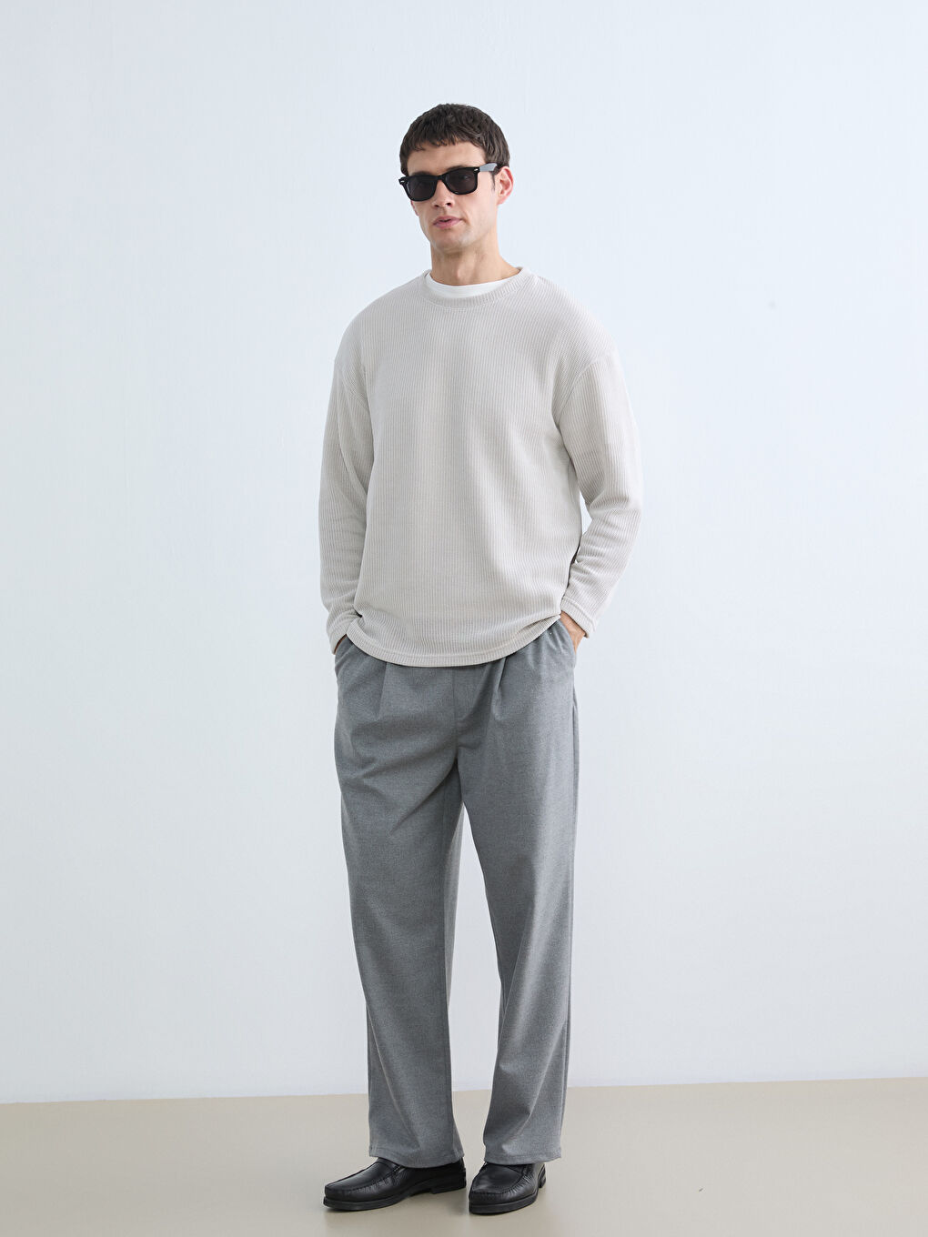 Bej Bisiklet Yaka Erkek Triko Kazak-1