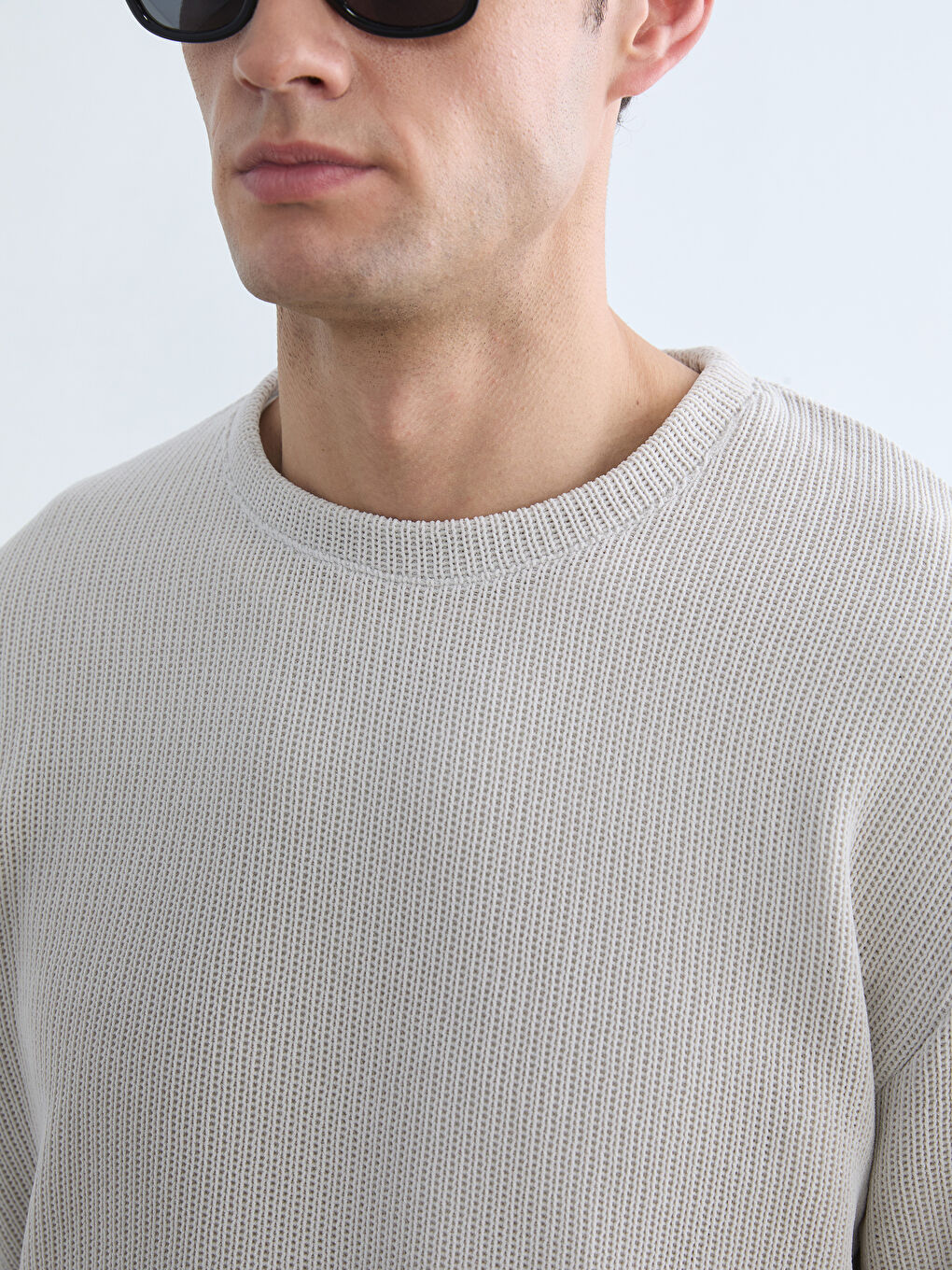 Bej Bisiklet Yaka Erkek Triko Kazak-2