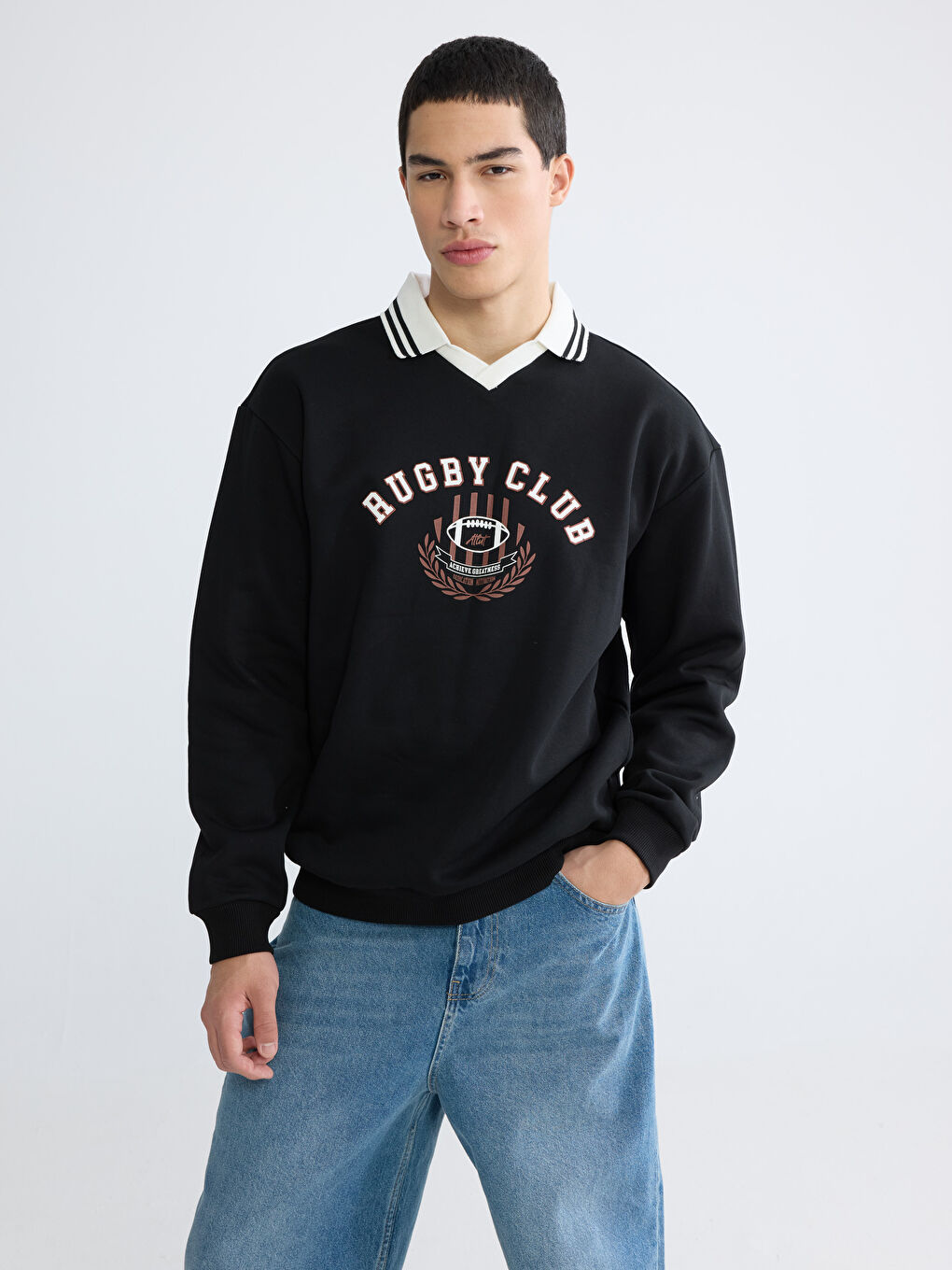 Siyah Polo Yaka Baskılı Oversize Fit Erkek Sweatshirt