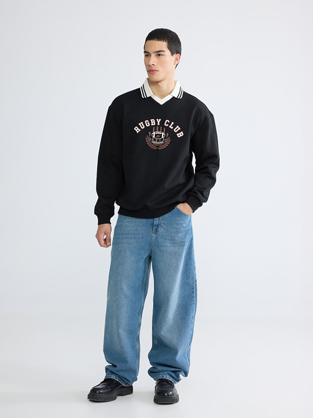 Siyah Polo Yaka Baskılı Oversize Fit Erkek Sweatshirt-1