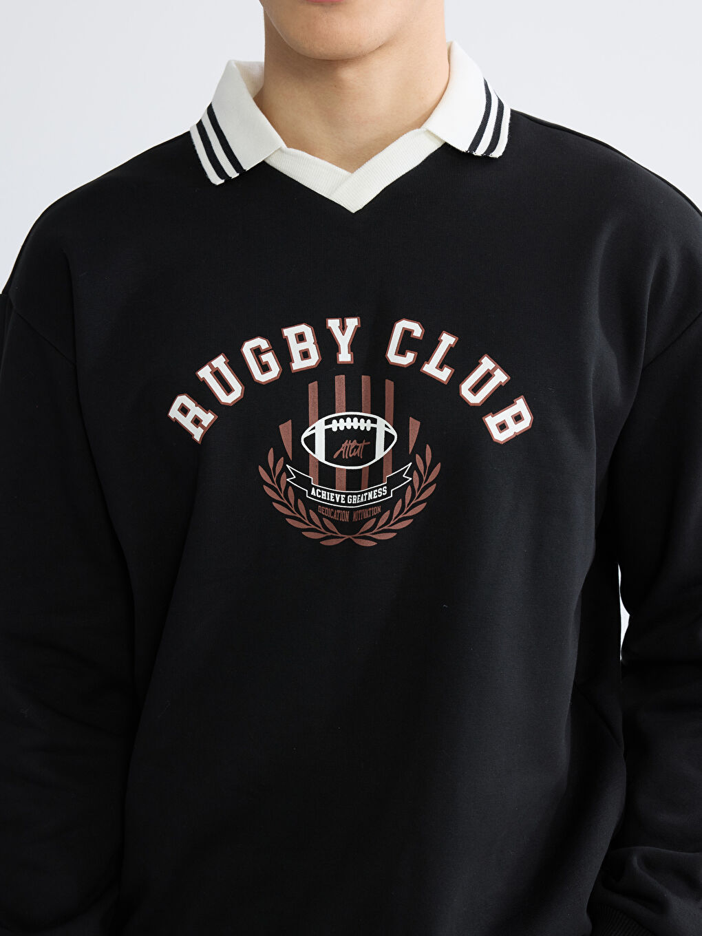 Siyah Polo Yaka Baskılı Oversize Fit Erkek Sweatshirt-2