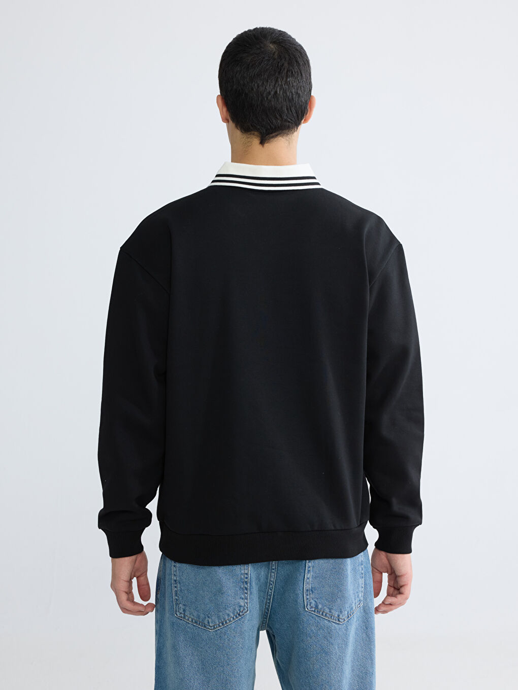 Siyah Polo Yaka Baskılı Oversize Fit Erkek Sweatshirt-3