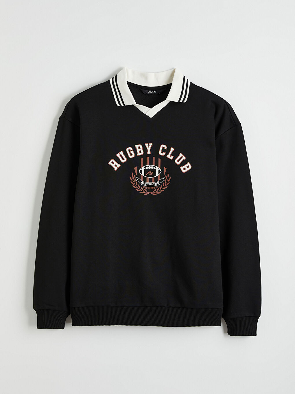 Siyah Polo Yaka Baskılı Oversize Fit Erkek Sweatshirt-4