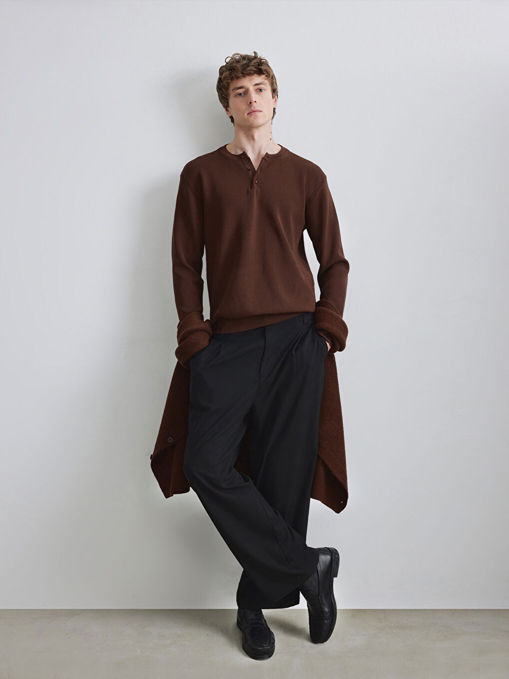 Kahverengi Bisiklet Yaka Erkek Triko Kazak-1