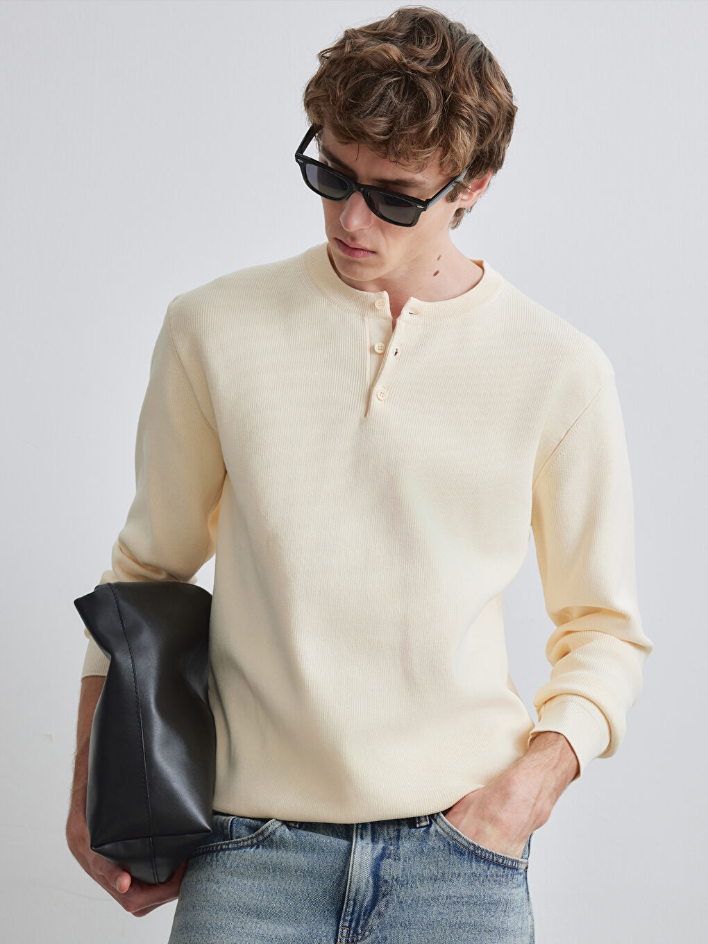 Bej Bisiklet Yaka Erkek Triko Kazak