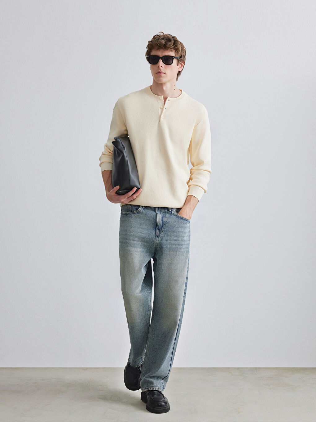 Bej Bisiklet Yaka Erkek Triko Kazak-1