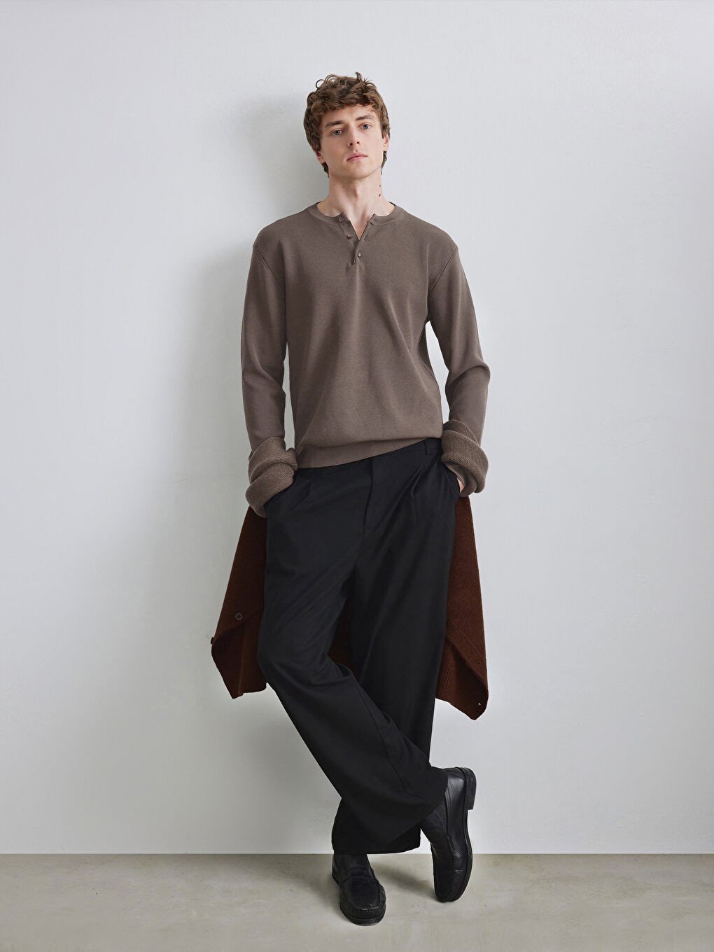 Kahverengi Bisiklet Yaka Erkek Triko Kazak-1