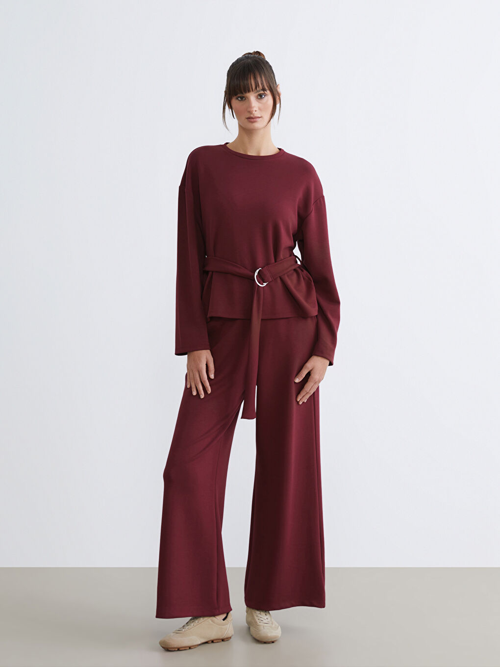 Bordo Bisiklet Yaka Metal Tokalı Bluz-2