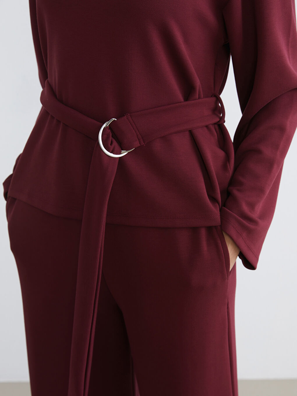 Bordo Bisiklet Yaka Metal Tokalı Bluz-3