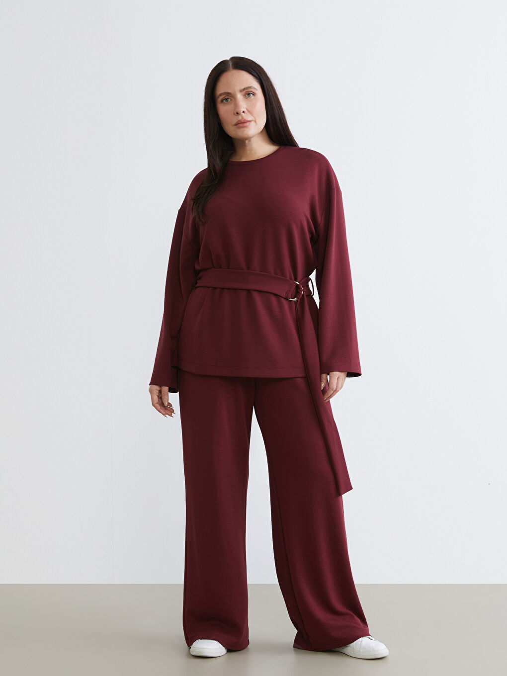 Bordo Beli Lastikli Geniş Paça Kadın Pantolon-1