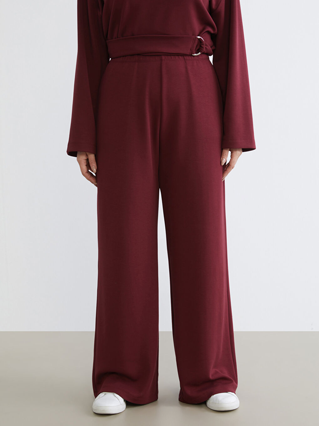 Bordo Beli Lastikli Geniş Paça Kadın Pantolon-5