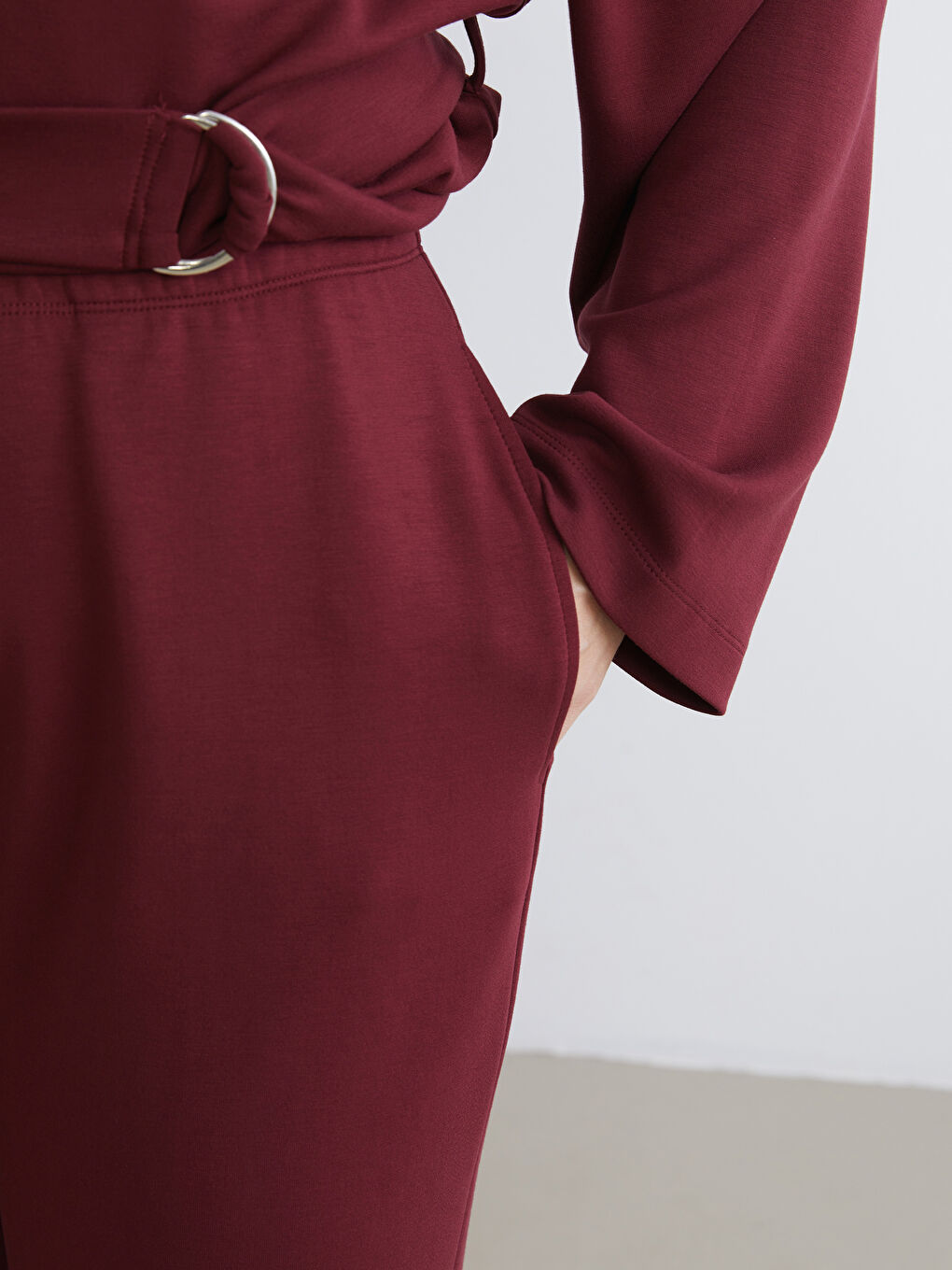 Bordo Beli Lastikli Geniş Paça Kadın Pantolon-6