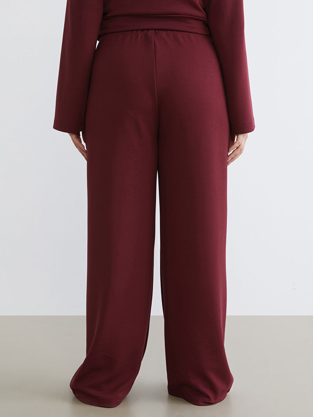 Bordo Beli Lastikli Geniş Paça Kadın Pantolon-7