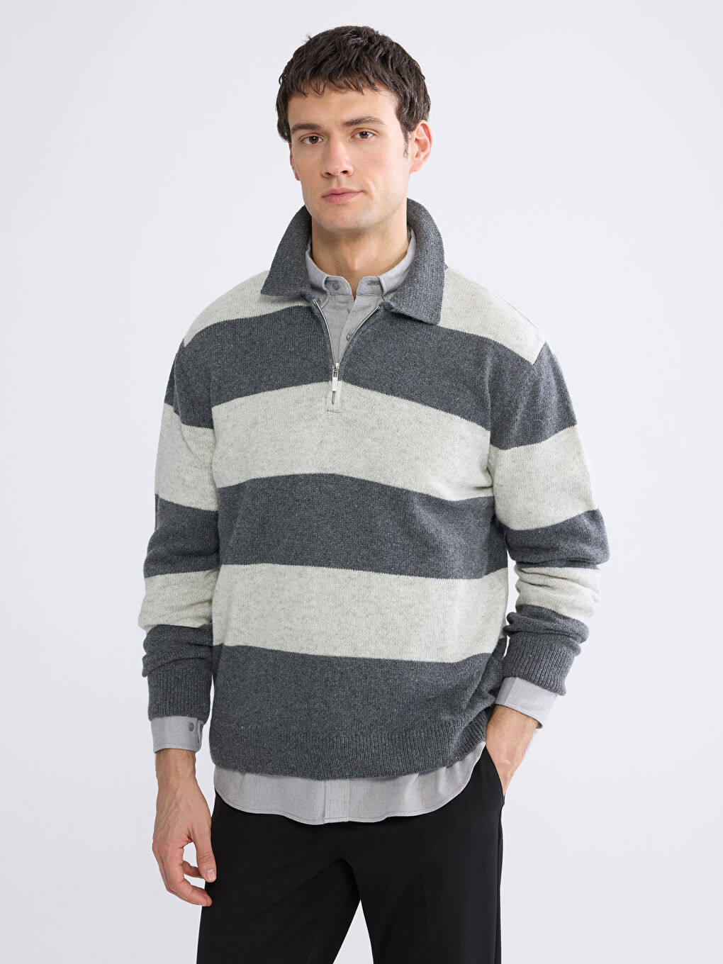 Gri Polo Yaka Yün Karışımlı Erkek Triko Kazak