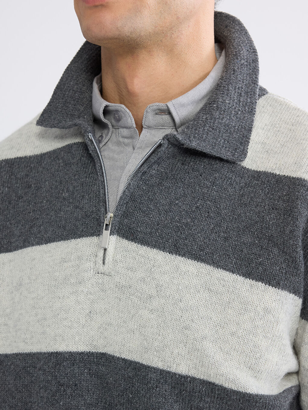 Gri Polo Yaka Yün Karışımlı Erkek Triko Kazak-2