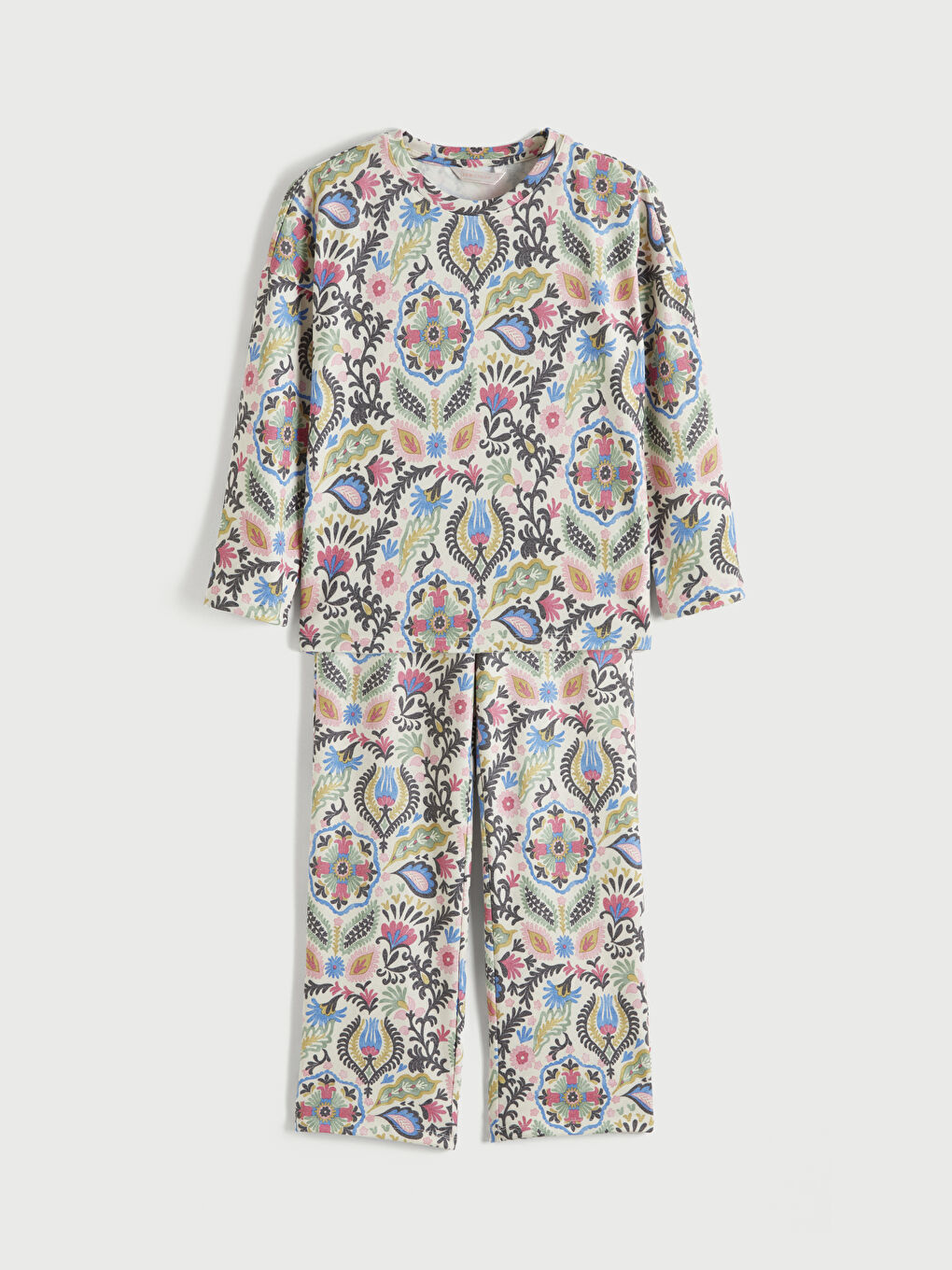 Ekru Bisiklet Yaka Desenli Kadın Pijama Takımı