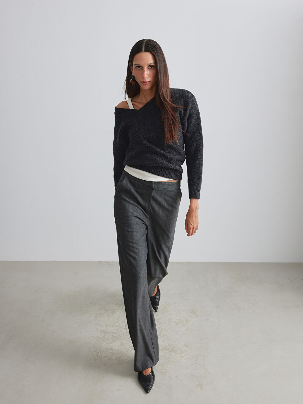 Antrasit Standart Fit Desenli Kadın Pantolon