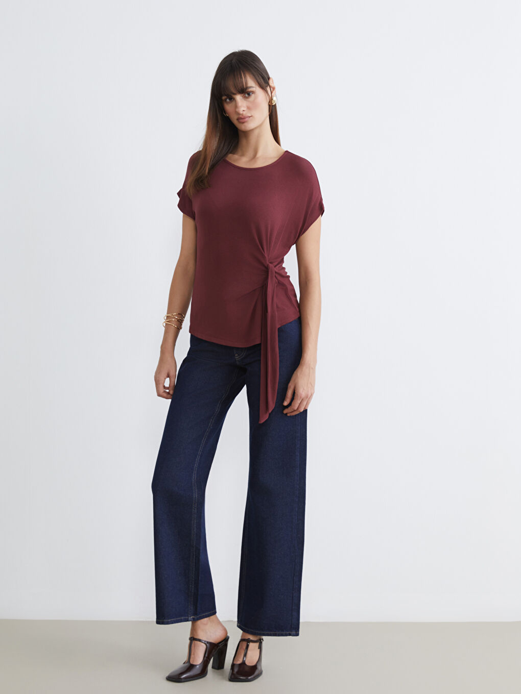 Bordo Bisiklet Yaka Büzgülü Bluz-1