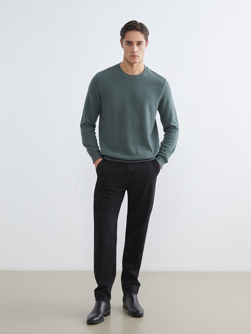 Yeşil Bisiklet Yaka Erkek Sweatshirt-1