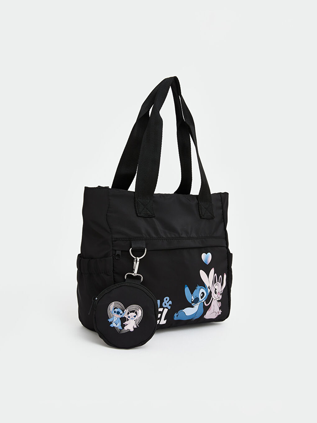 Siyah Stitch ve Angel Baskılı Kız Çocuk Omuz Çantası-1