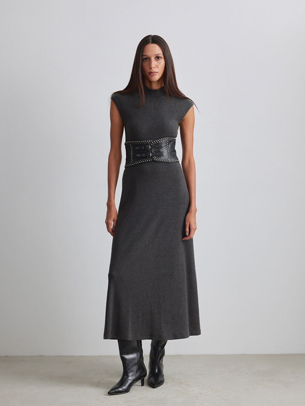 Antrasit Dik Yaka Belden Oturtmalı Elbise-2