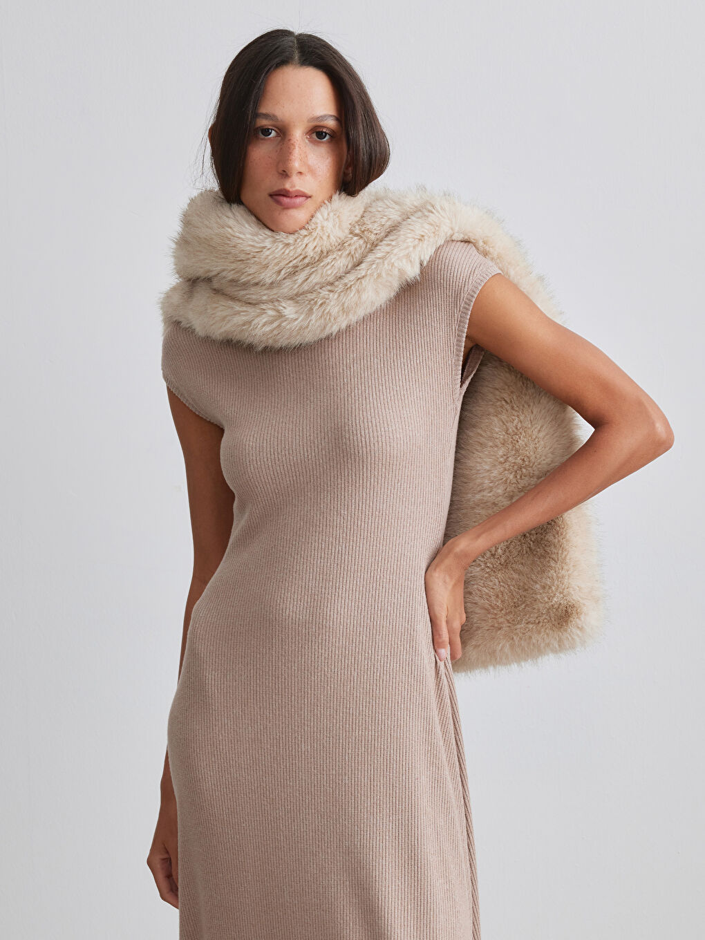 Ekru Dik Yaka Belden Oturtmalı Elbise-2