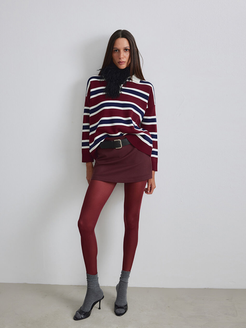 Bordo Polo Yaka Kadın Triko Kazak-1