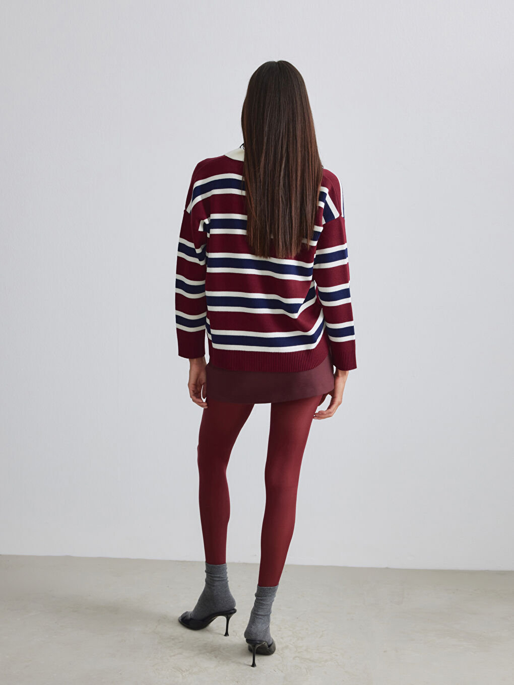 Bordo Polo Yaka Kadın Triko Kazak-3