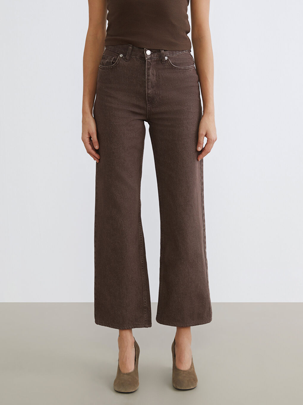 Kahverengi Wideleg Kadın Jean Pantolon	-1