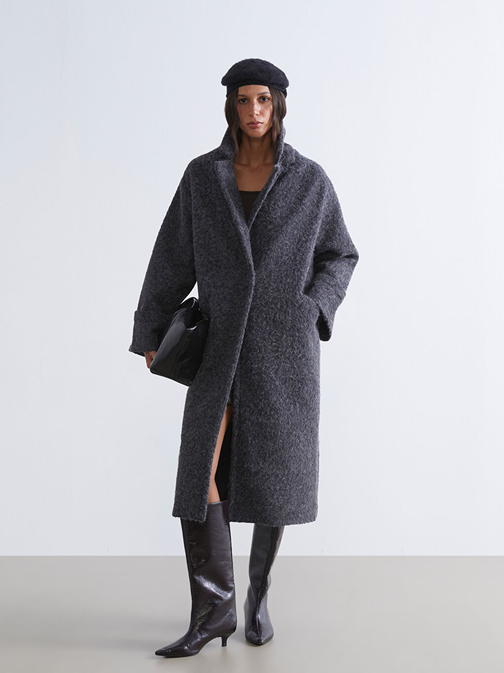 Antrasit Ceket Yaka Kadın Kaşe Kaban-1