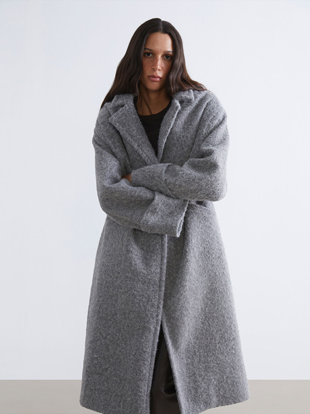 Gri Ceket Yaka Kadın Kaşe Kaban