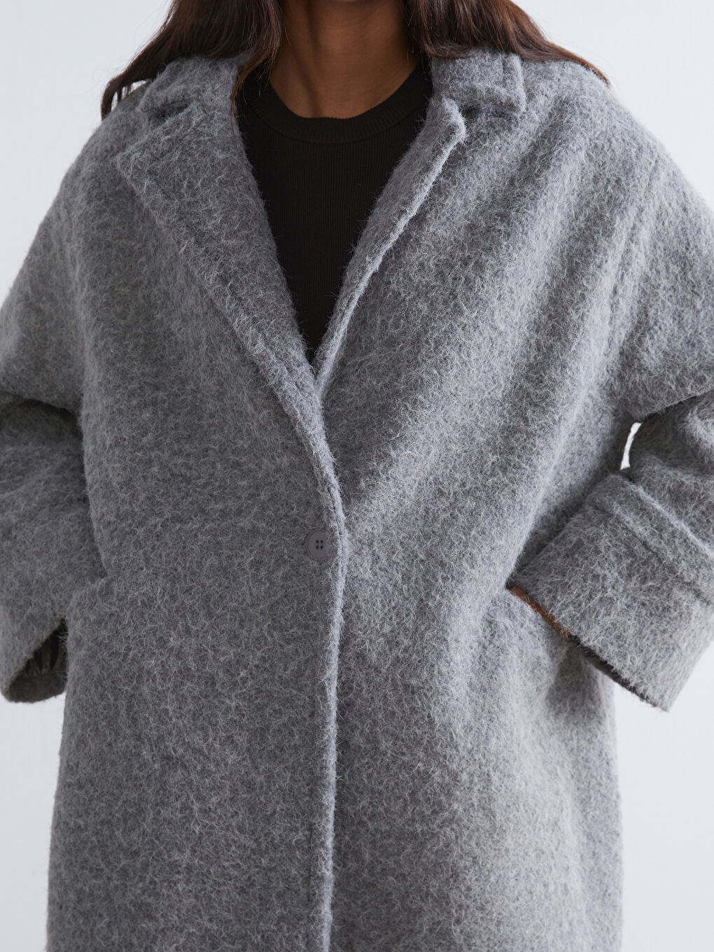 Gri Ceket Yaka Kadın Kaşe Kaban-2