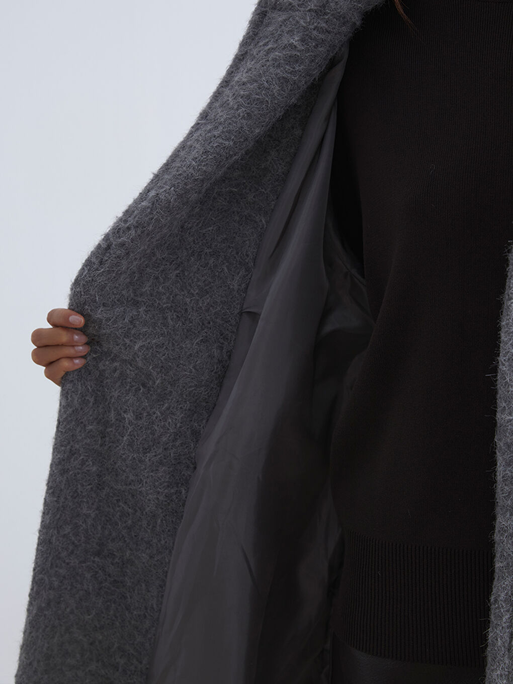 Gri Ceket Yaka Kadın Kaşe Kaban-3