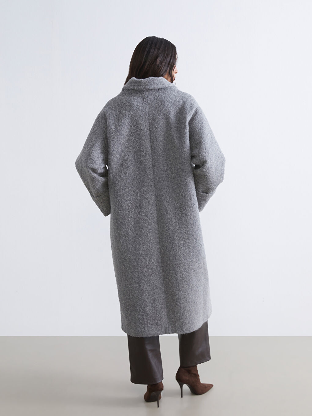 Gri Ceket Yaka Kadın Kaşe Kaban-4