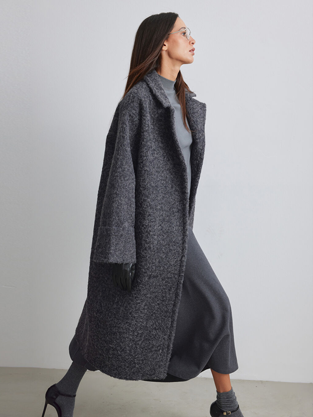 Antrasit Ceket Yaka Kadın Kaşe Kaban-1