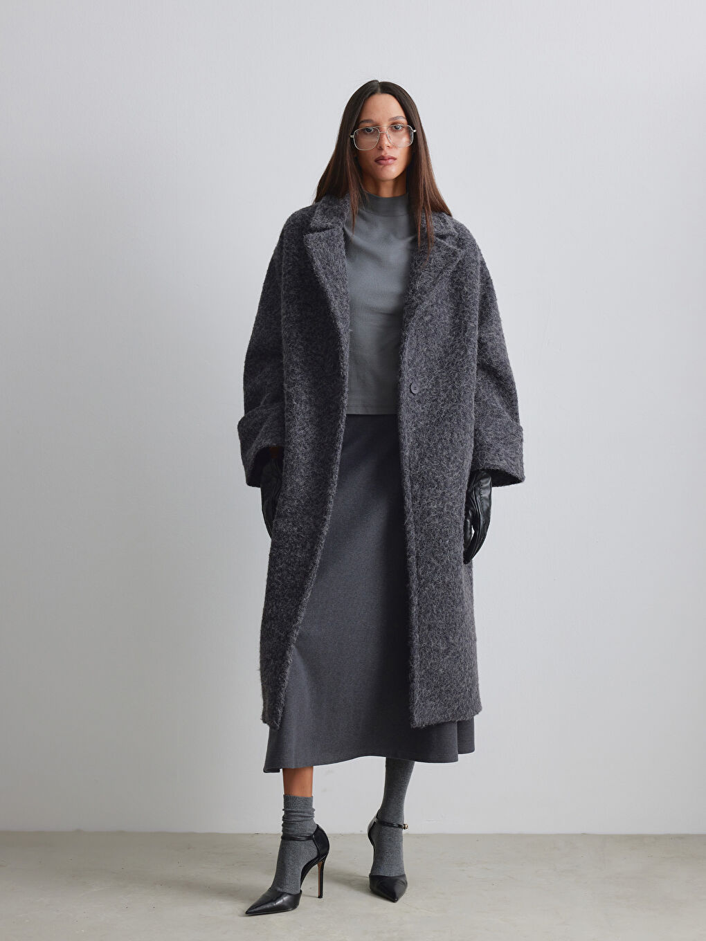 Antrasit Ceket Yaka Kadın Kaşe Kaban-2