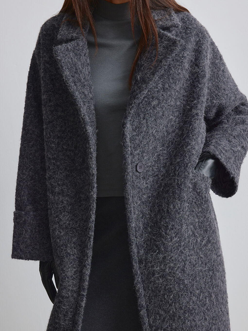 Antrasit Ceket Yaka Kadın Kaşe Kaban-4