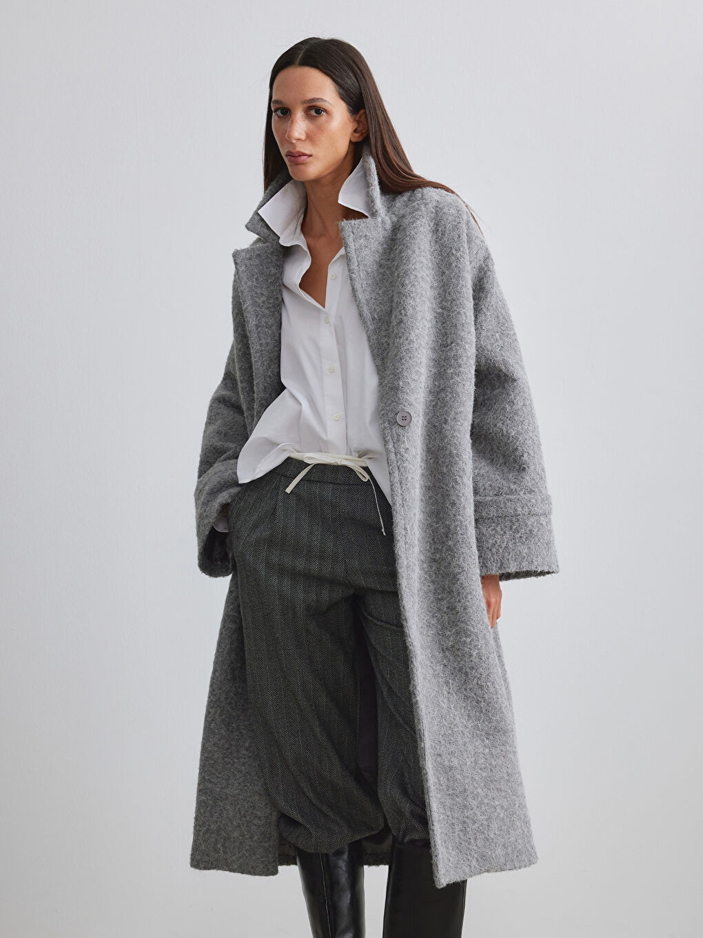 Gri Ceket Yaka Kadın Kaşe Kaban-1